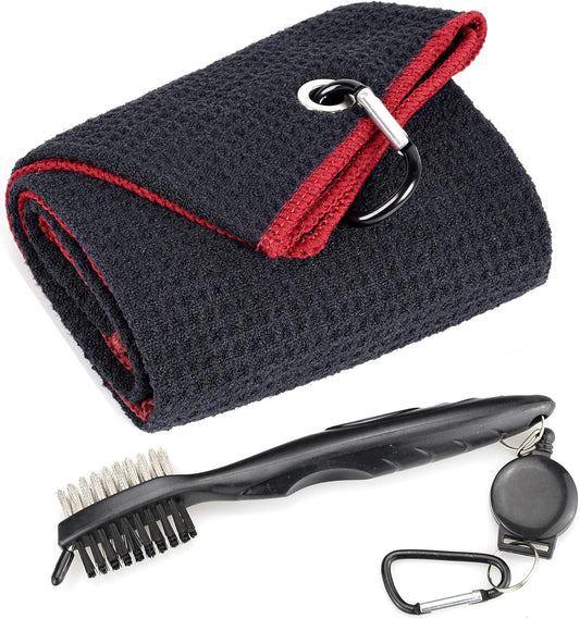 Microfiber Waffle Pattern Tri-Fold Golf Towels with Retractable Brush Tool Kit and Club Groove Cleaner - Ideal Gift for Golf Enthusiasts
